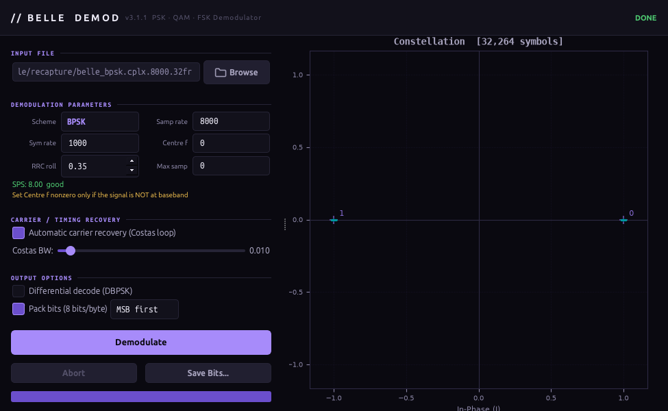 Belle's Demodulator after a run on a real BPSK capture — the recovered constellation of 32,264 symbols in lock, with the demod parameters and recovery loops beside it