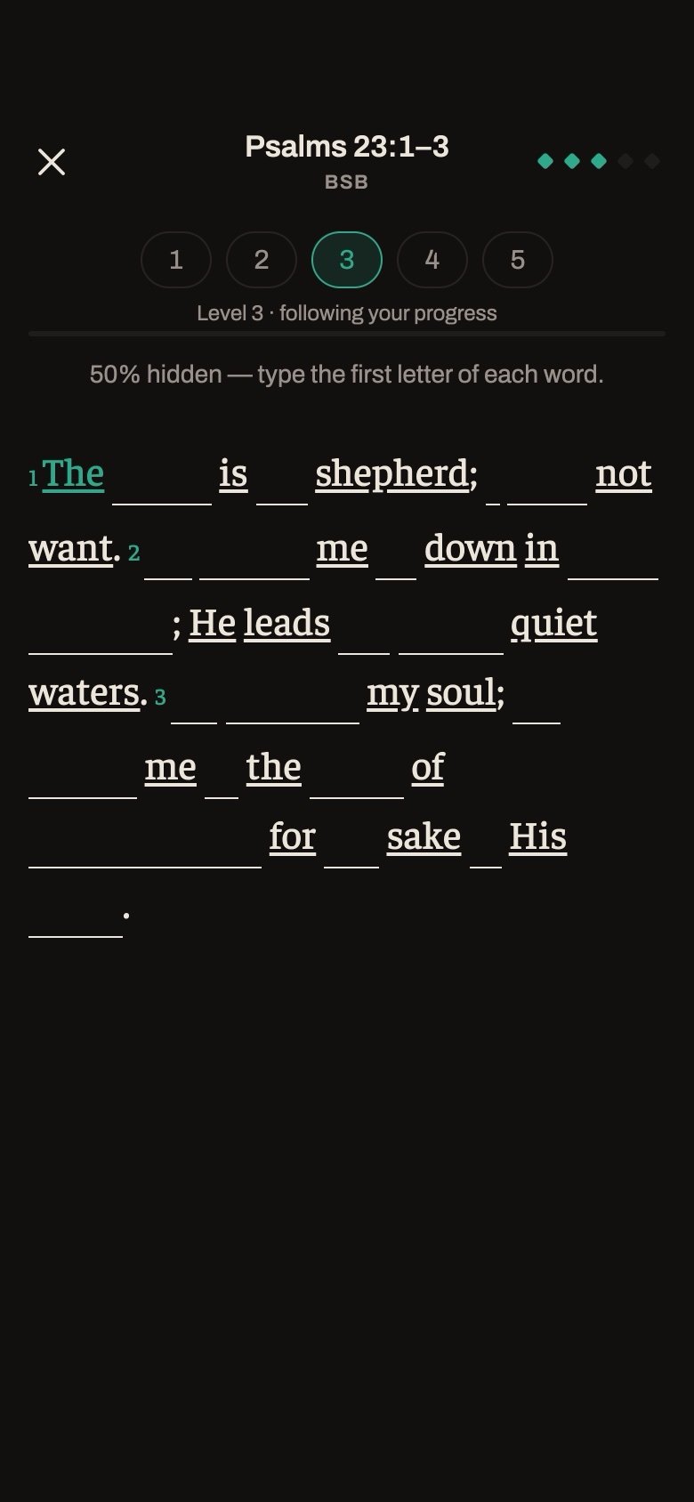 Meletao's first-letter drill on Psalm 23:1–3 at level 3 — half the words hidden, the passage shown as first letters and blanks to type against