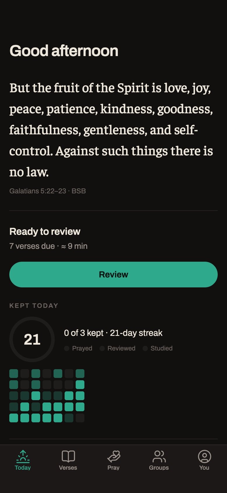 Meletao's Today tab — a verse of the day, seven verses due for review, and the kept-today ring showing a 21-day streak over a heatmap of recent days