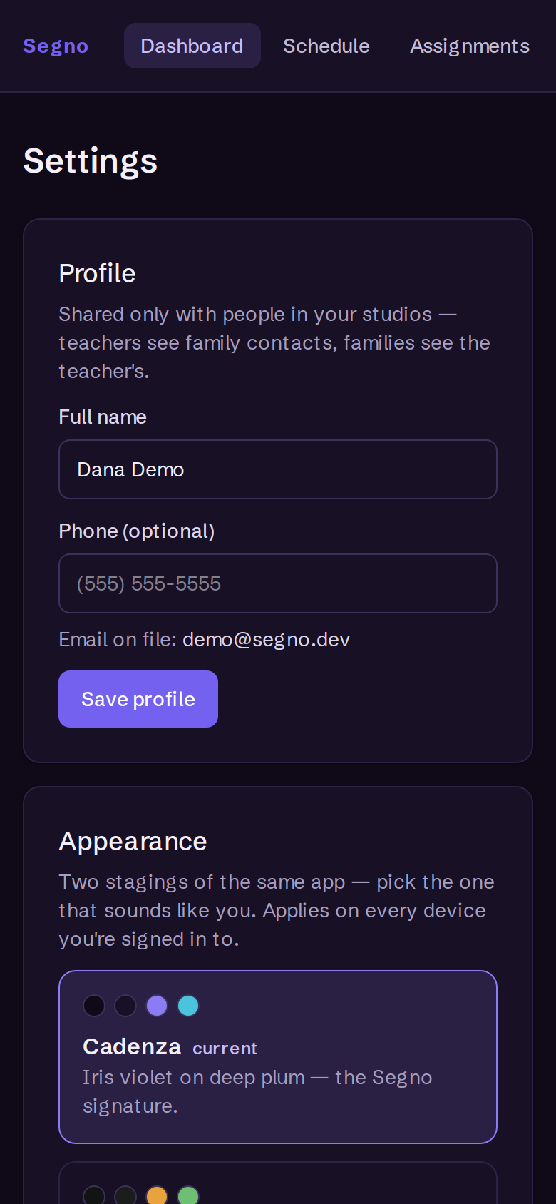 Segno settings — profile and the Appearance picker