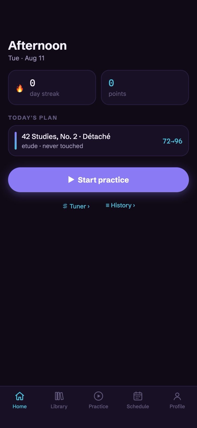 Segno's home screen — today's plan with the étude and its tempo range, streak and points, and a Start practice button
