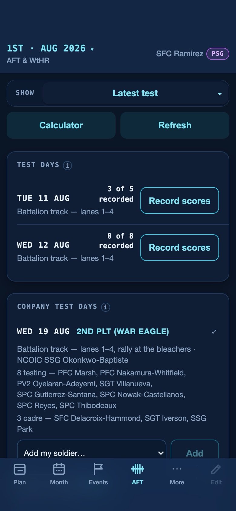 AFT on a phone — the platoon's two test days with their recorded counts and Record scores buttons, and the company test days beneath