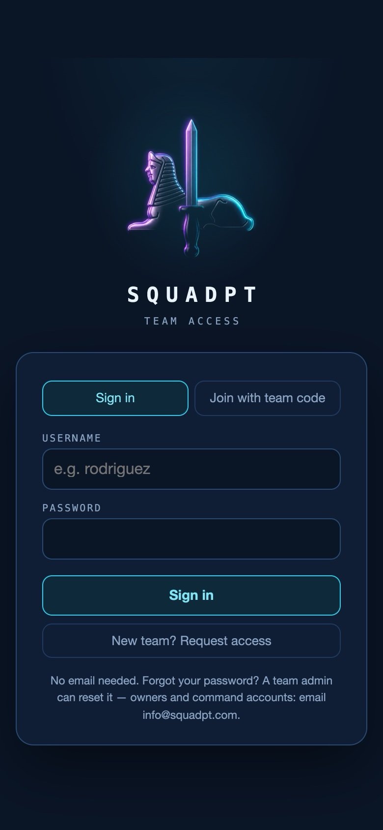 The SquadPT sign-in screen on a phone — username and password only, a join-with-team-code tab, and a note that no email is needed