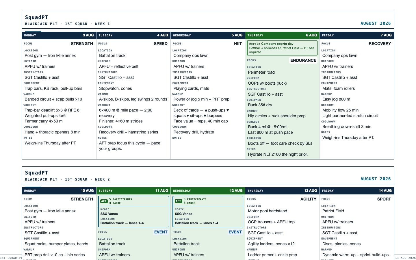 The SquadPT printable brief — 1st Squad's weeks across five columns on white landscape pages, event days shaded green