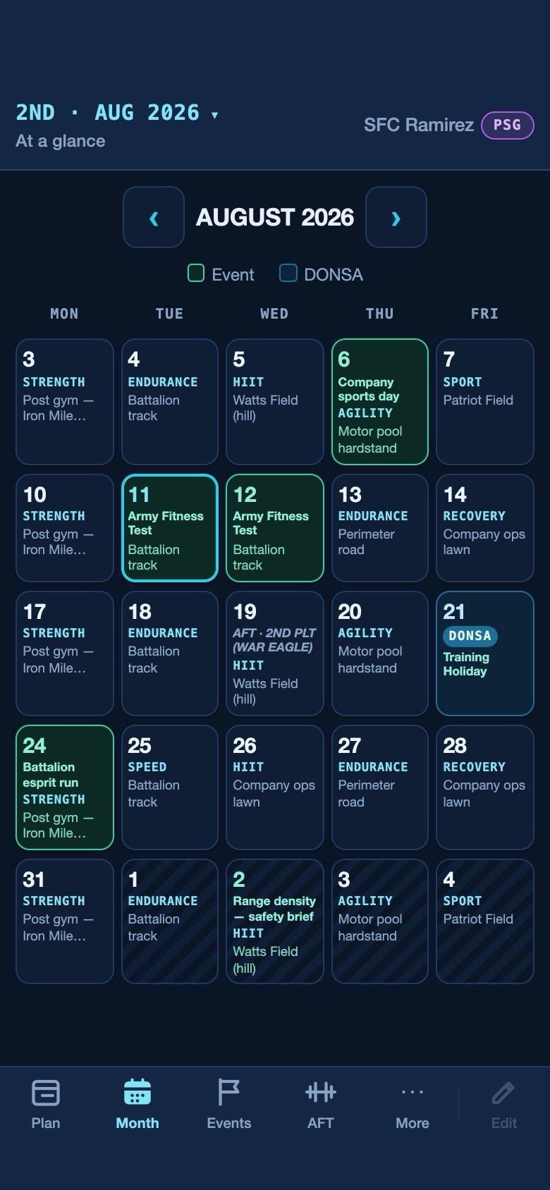 The month calendar on a phone — 2nd Squad's August at a glance, with test days and a training holiday picked out in colour