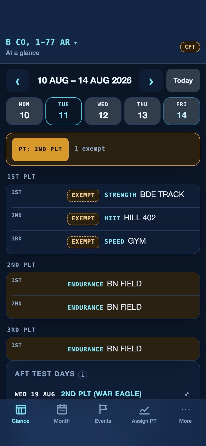 The company glance on a phone — a day pager across the week with each platoon's squads listed under the selected day
