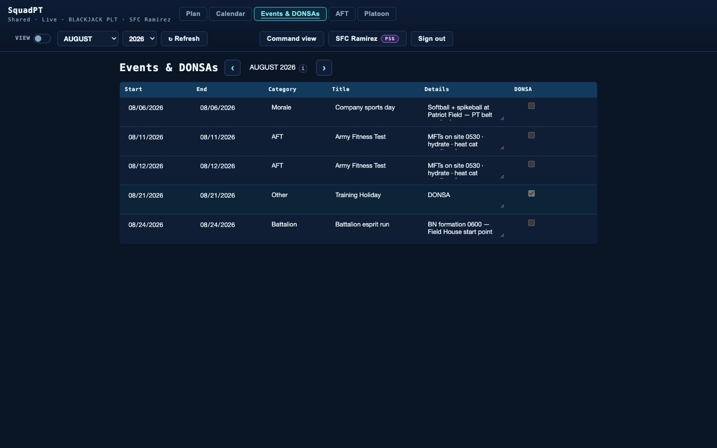 SquadPT events editor — platoon events and DONSAs for August 2026 with dates, titles and categories