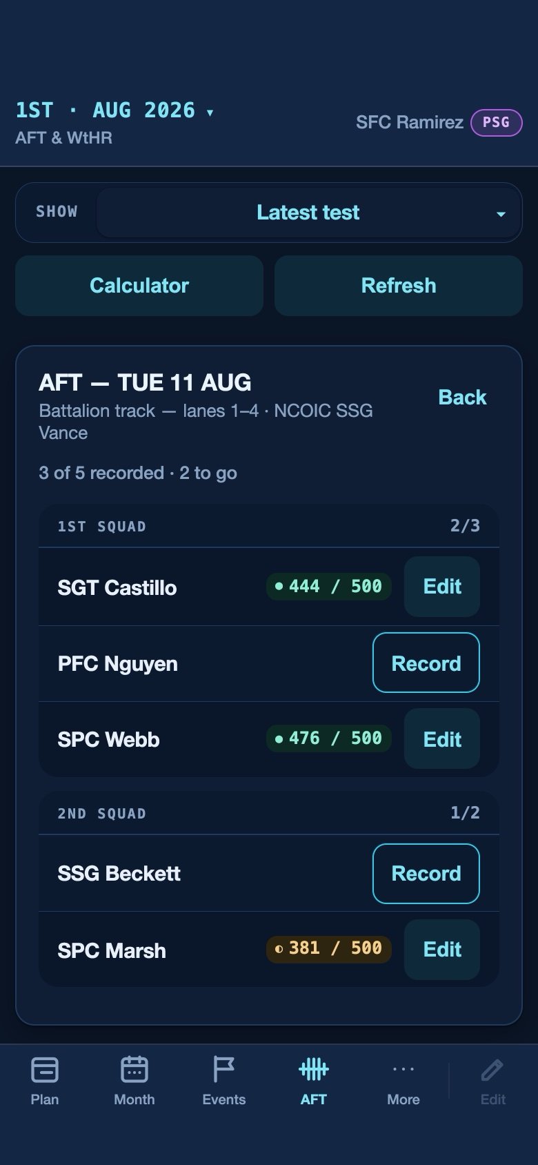 The recording queue on a phone — the same squad groups and per-soldier rows, sized for one hand on a track