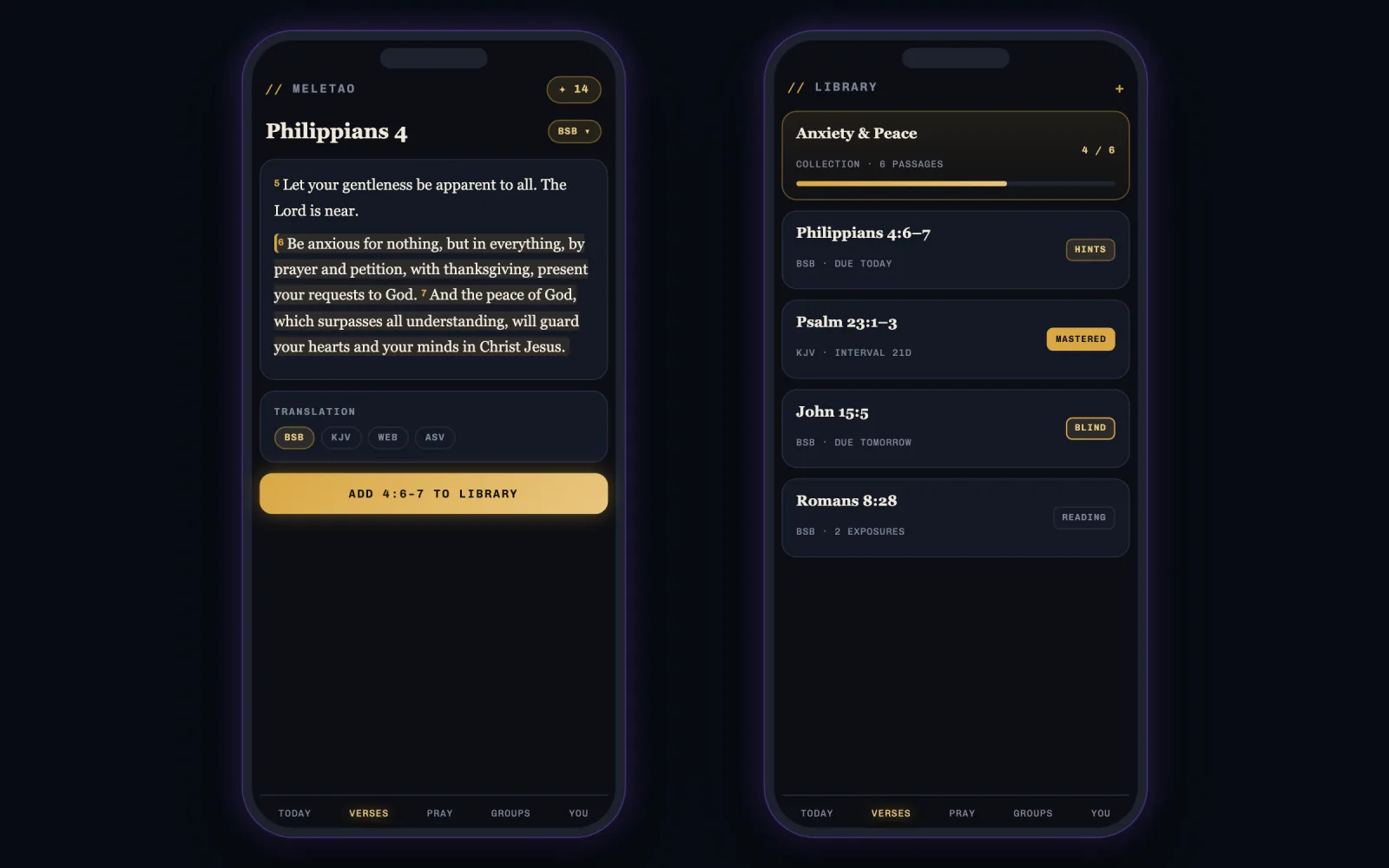 Meletao on two phones: a passage with first-letter drill highlighting, and a library of passages with spaced-repetition states.